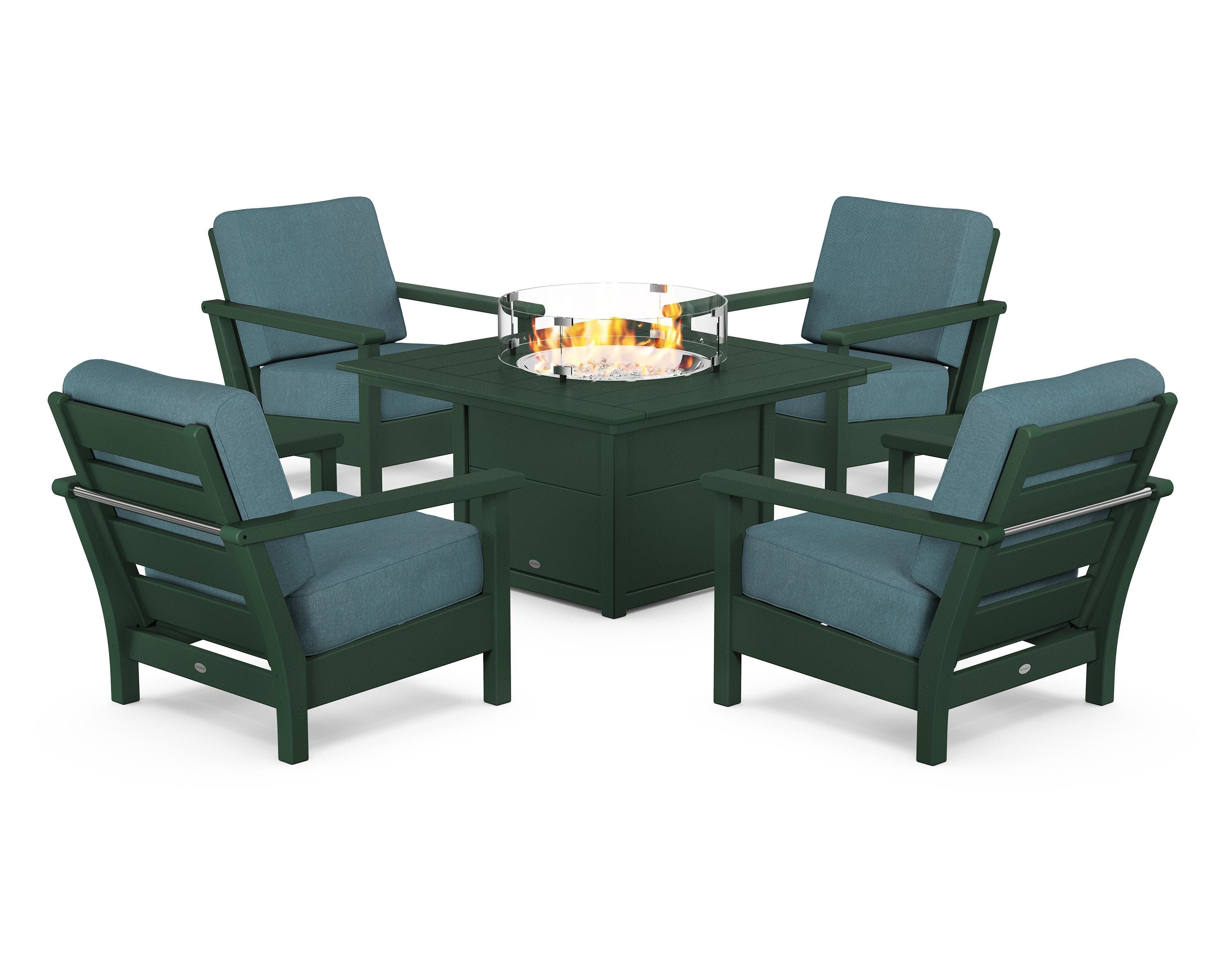 POLYWOOD® Harbour 5-Piece Conversation Set with Fire Pit Table in Green / Ocean Teal