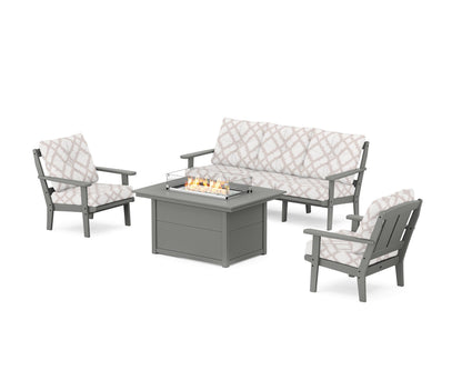POLYWOOD® Mission Deep Seating Fire Pit Table Set in Slate Grey / Trellis Dune Burlap