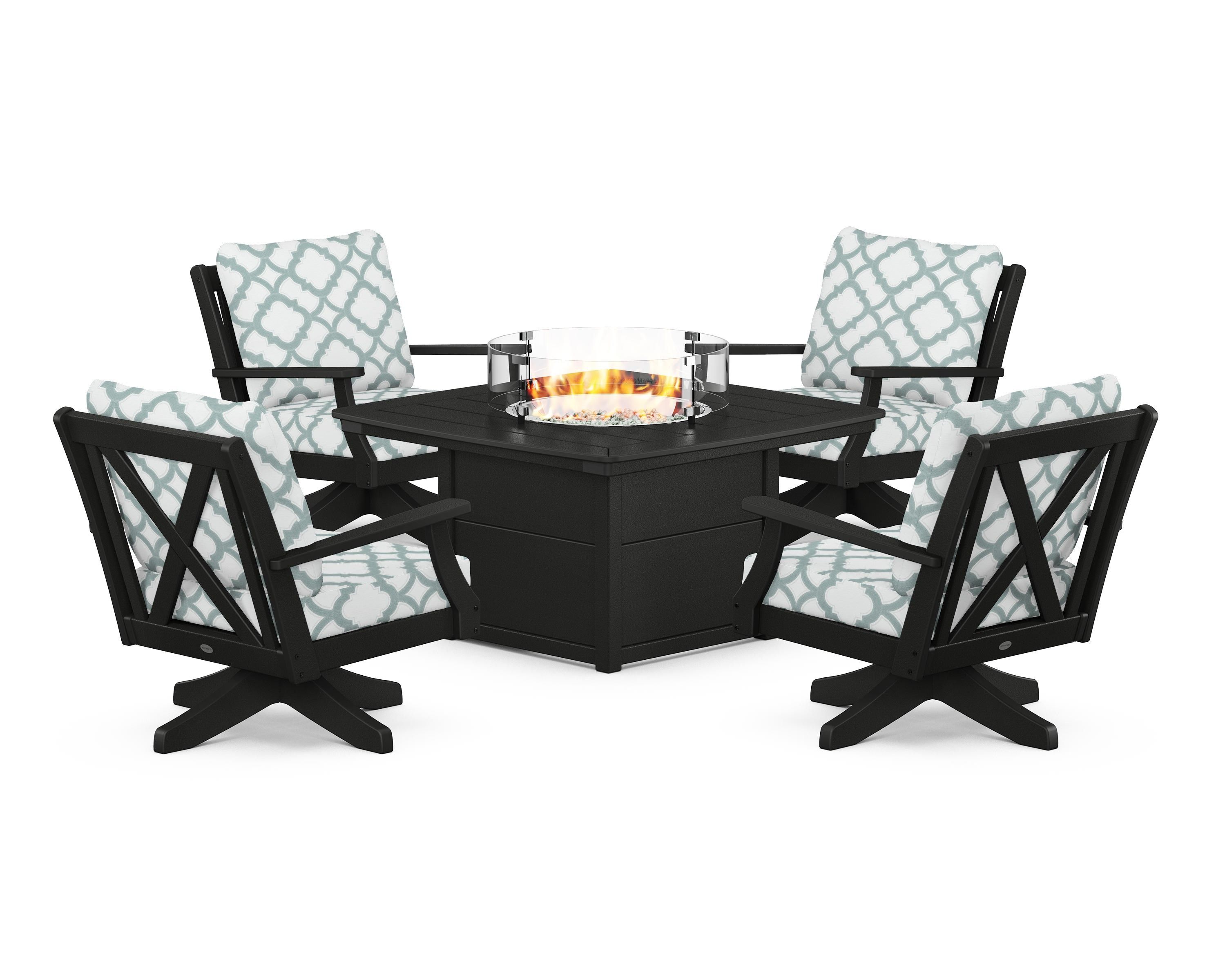 POLYWOOD® Braxton 5-Piece Deep Seating Swivel Conversation Set with Fire Pit Table in Black / Trellis Glacier Spa