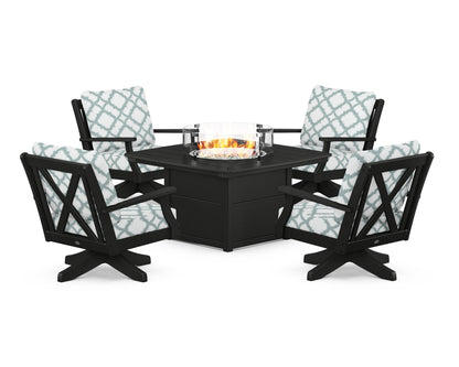 POLYWOOD® Braxton 5-Piece Deep Seating Swivel Conversation Set with Fire Pit Table in Black / Trellis Glacier Spa