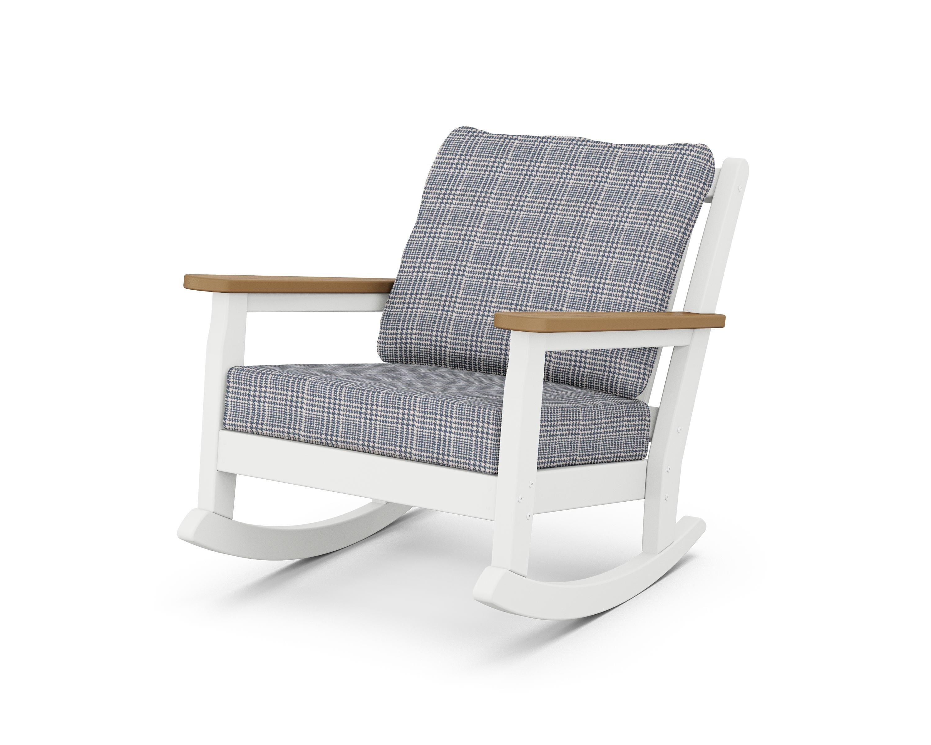 POLYWOOD® Chippendale Deep Seating Rocking Chair in White / Natural / Houndstooth Sky Blue