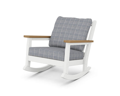 POLYWOOD® Chippendale Deep Seating Rocking Chair in White / Natural / Houndstooth Sky Blue