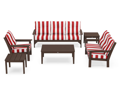 POLYWOOD® Vineyard 6-Piece Deep Seating Set in Mahogany / Cabana Stripe Crimson