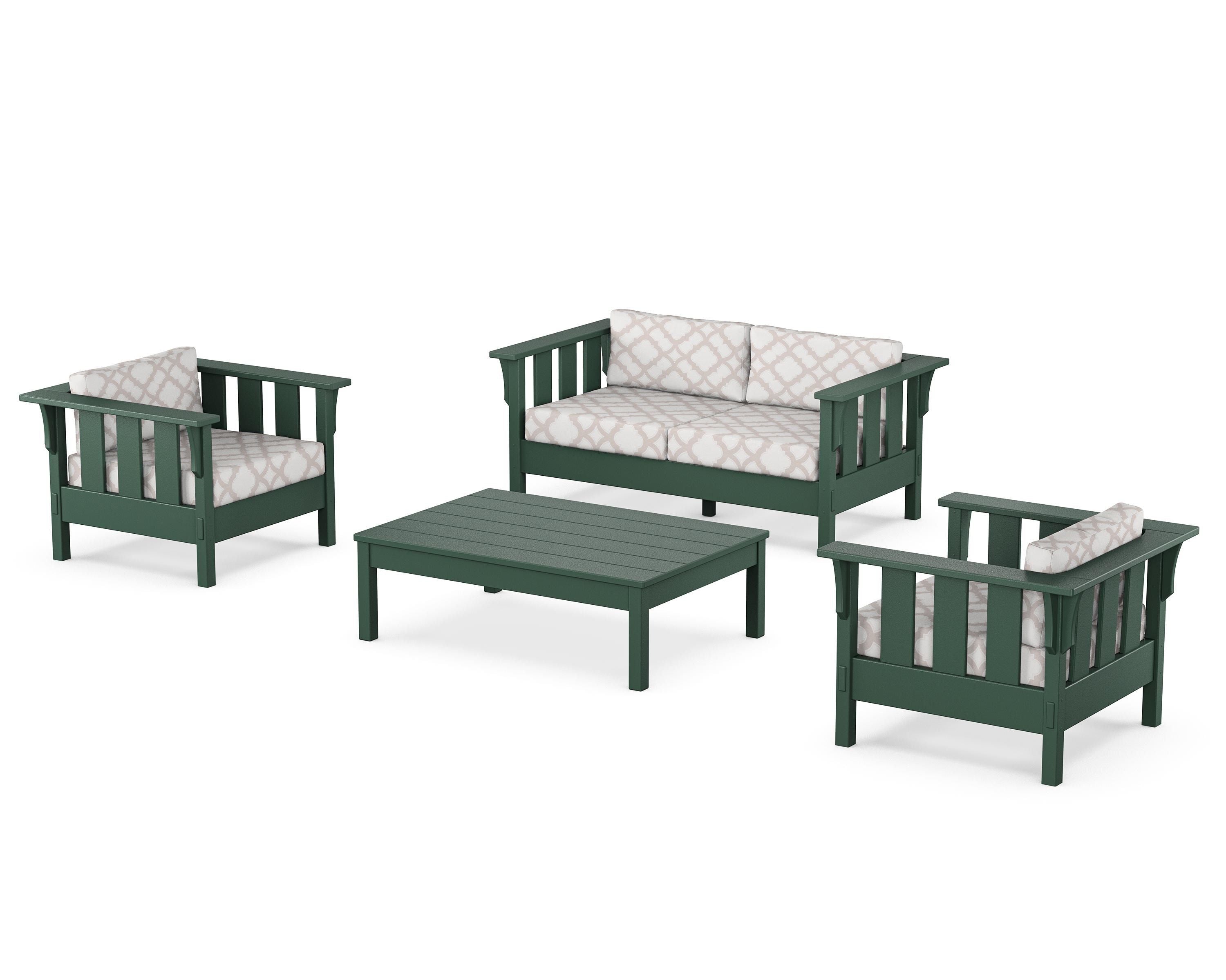 Martha Stewart by POLYWOOD® Acadia 4-Piece Deep Seating Set with Loveseat in Green / Trellis Dune Burlap