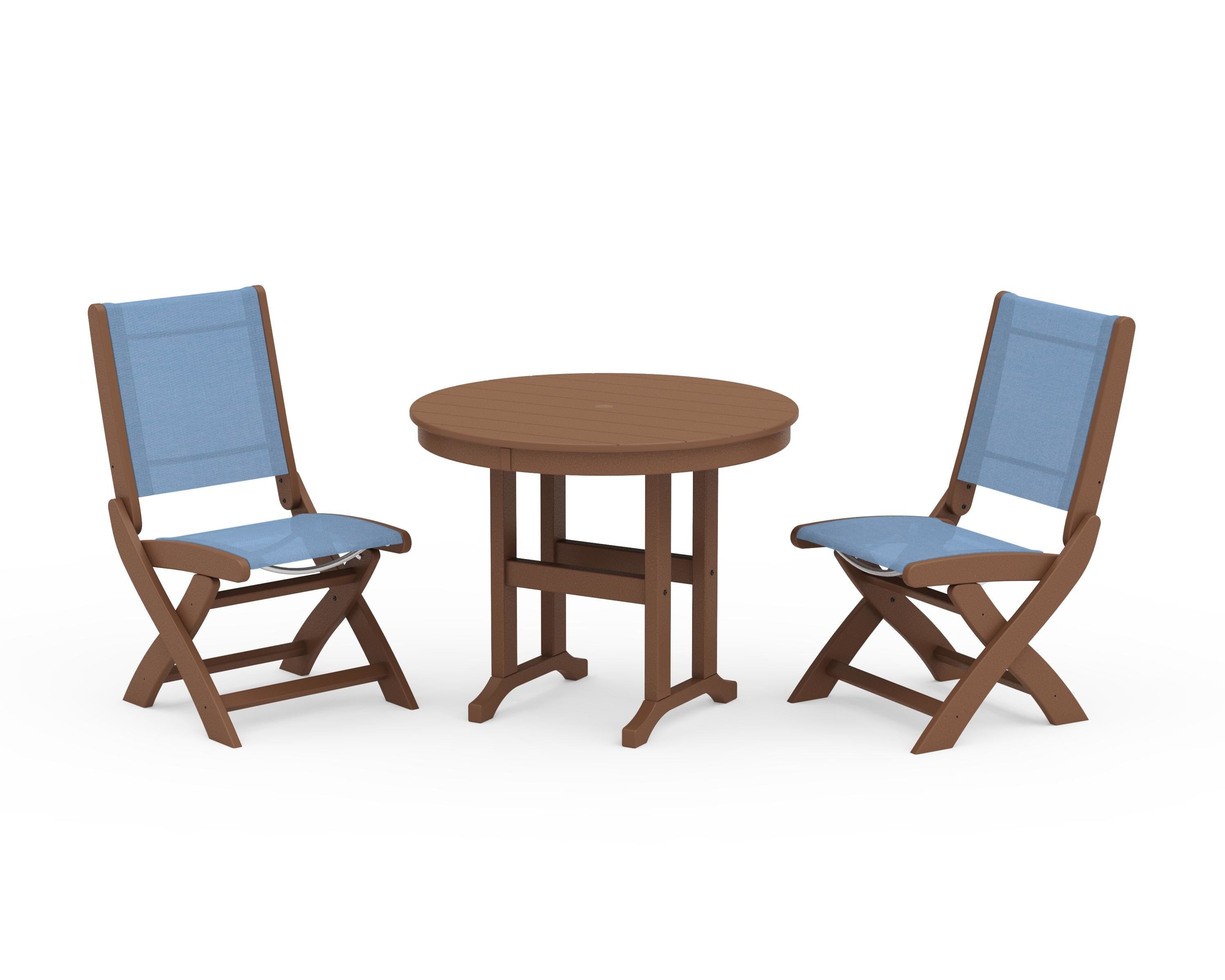POLYWOOD® Coastal Folding Side Chair 3-Piece Round Dining Set in Teak / Poolside Sling