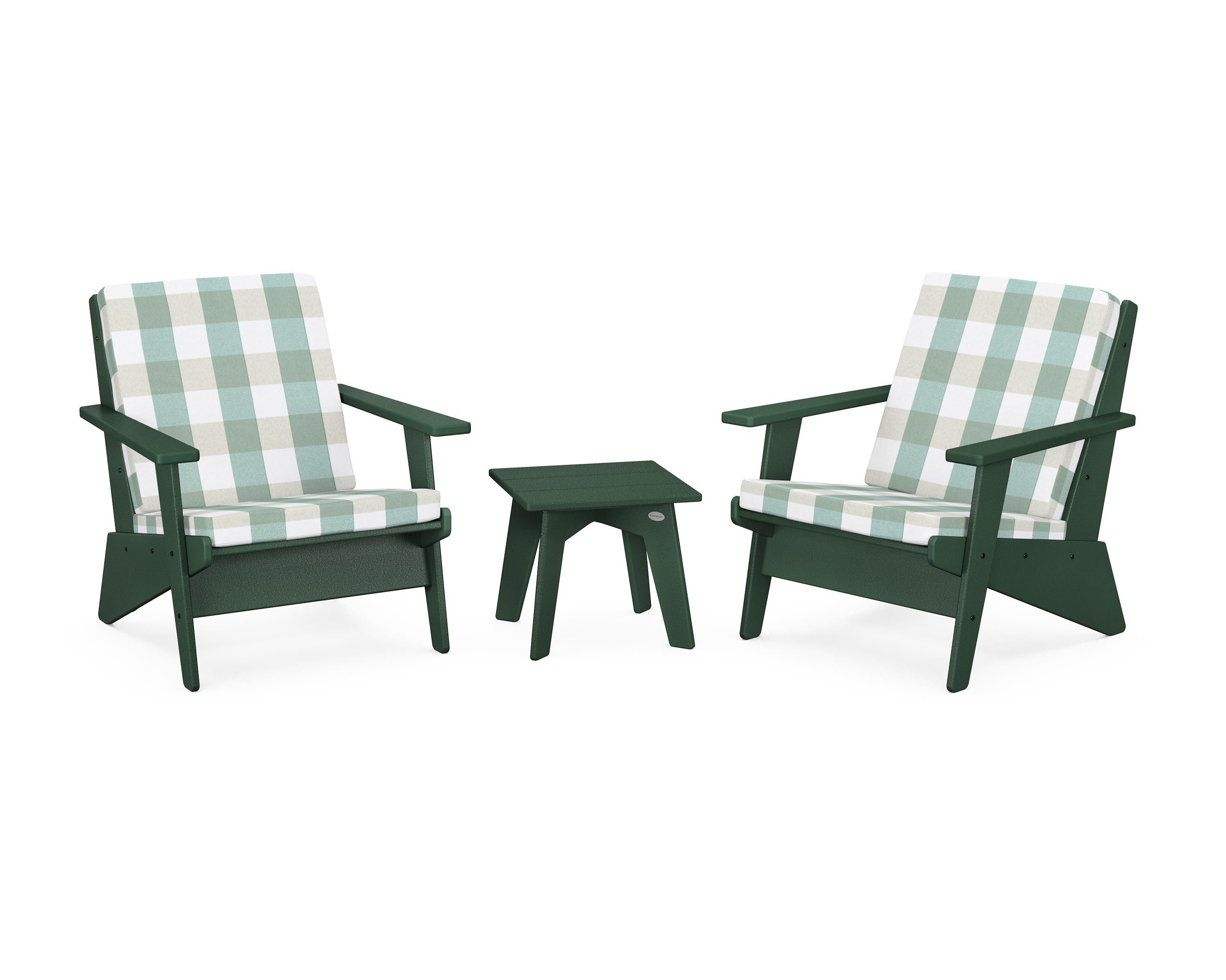 POLYWOOD® Riviera Modern Lounge 3-Piece Set in Green / Buffalo Plaid Glacier Spa