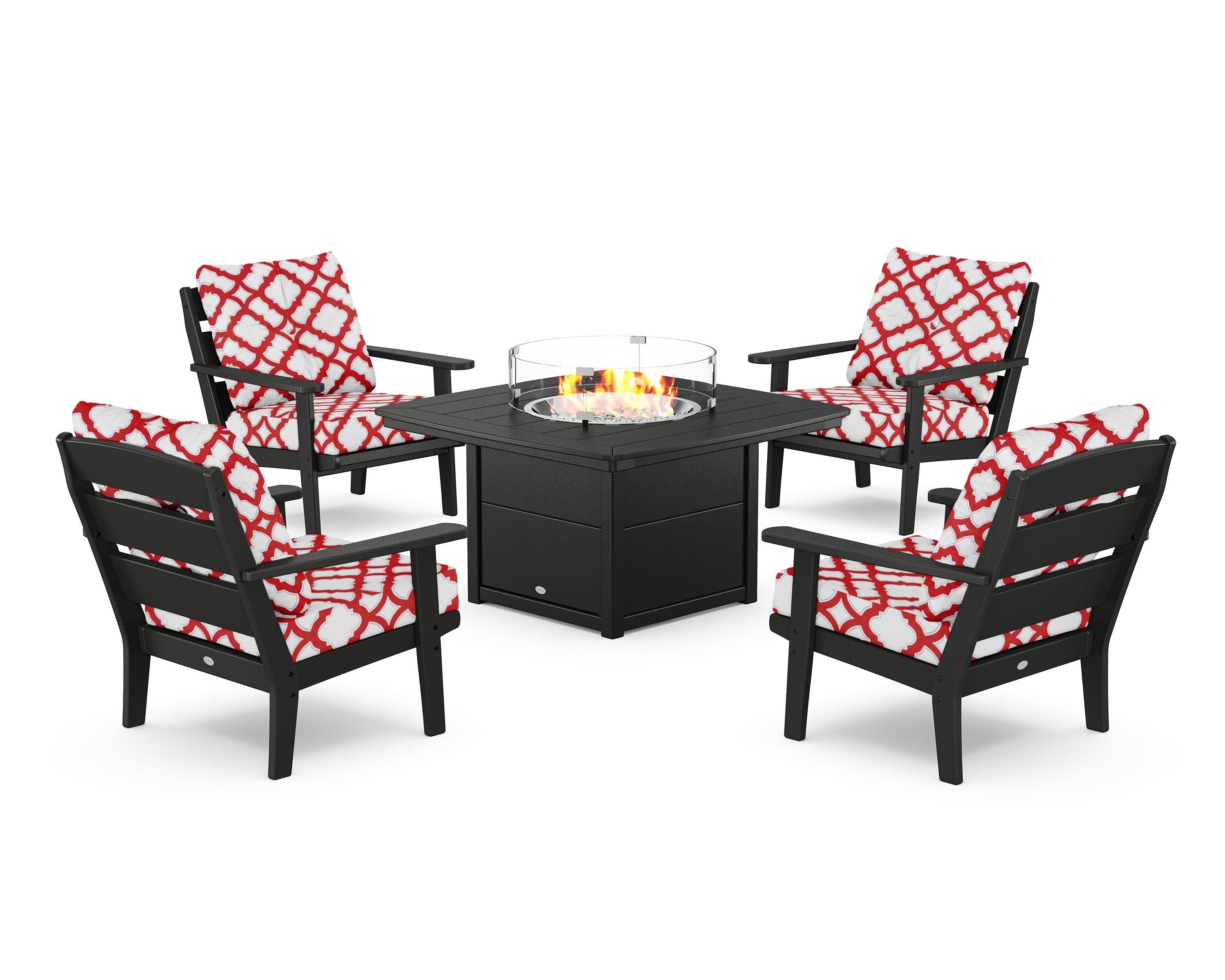POLYWOOD® Lakeside 5-Piece Deep Seating Set with Nautical Fire Pit Table in Black / Trellis Crimson