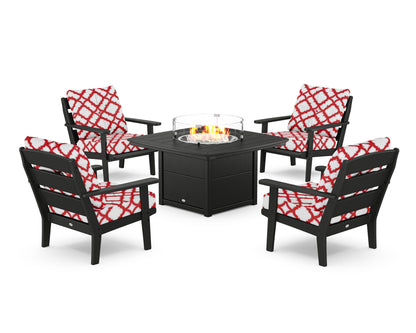 POLYWOOD® Lakeside 5-Piece Deep Seating Set with Nautical Fire Pit Table in Black / Trellis Crimson