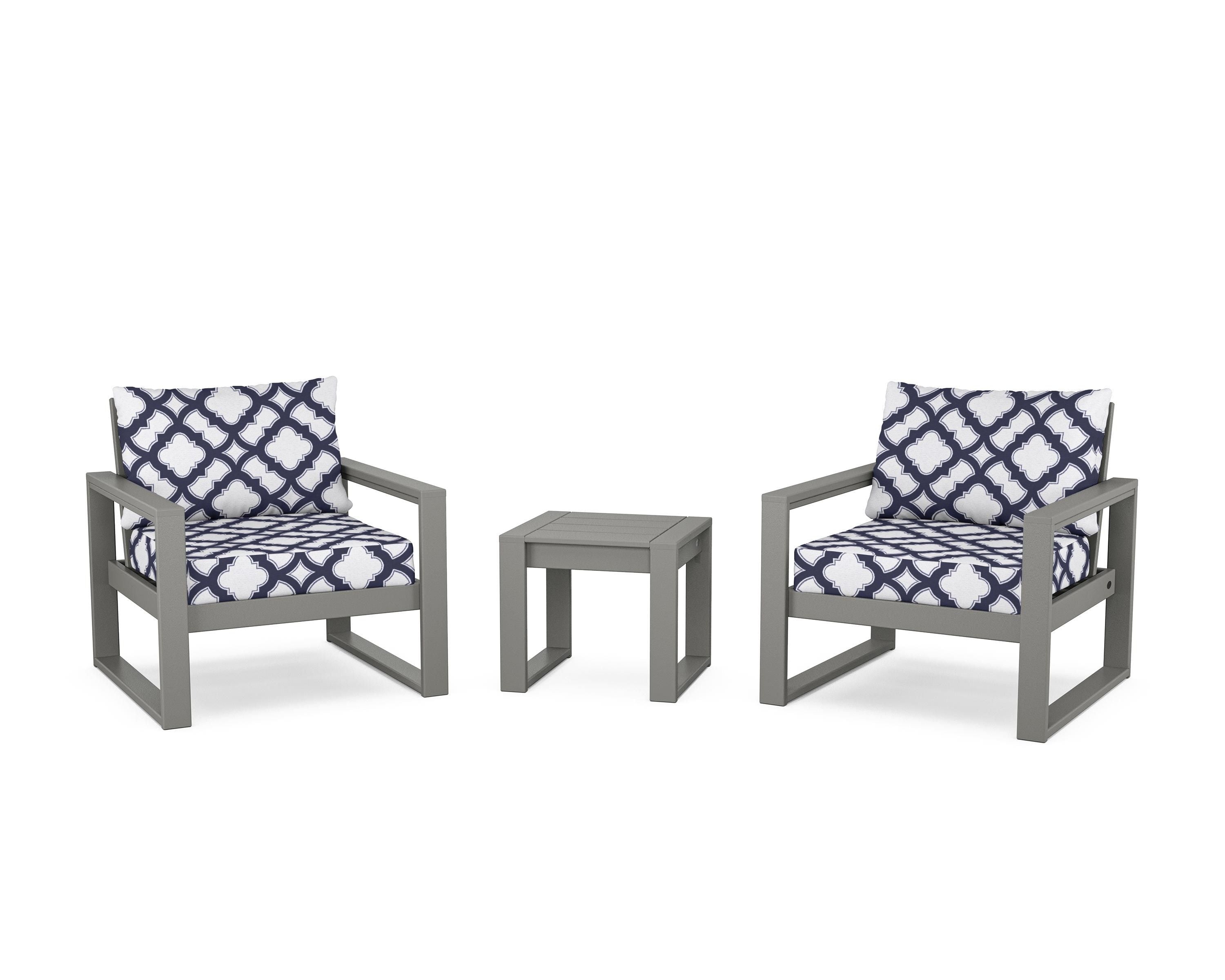 POLYWOOD® EDGE Sectional 3-Piece Deep Seating Set in Slate Grey / Trellis Navy