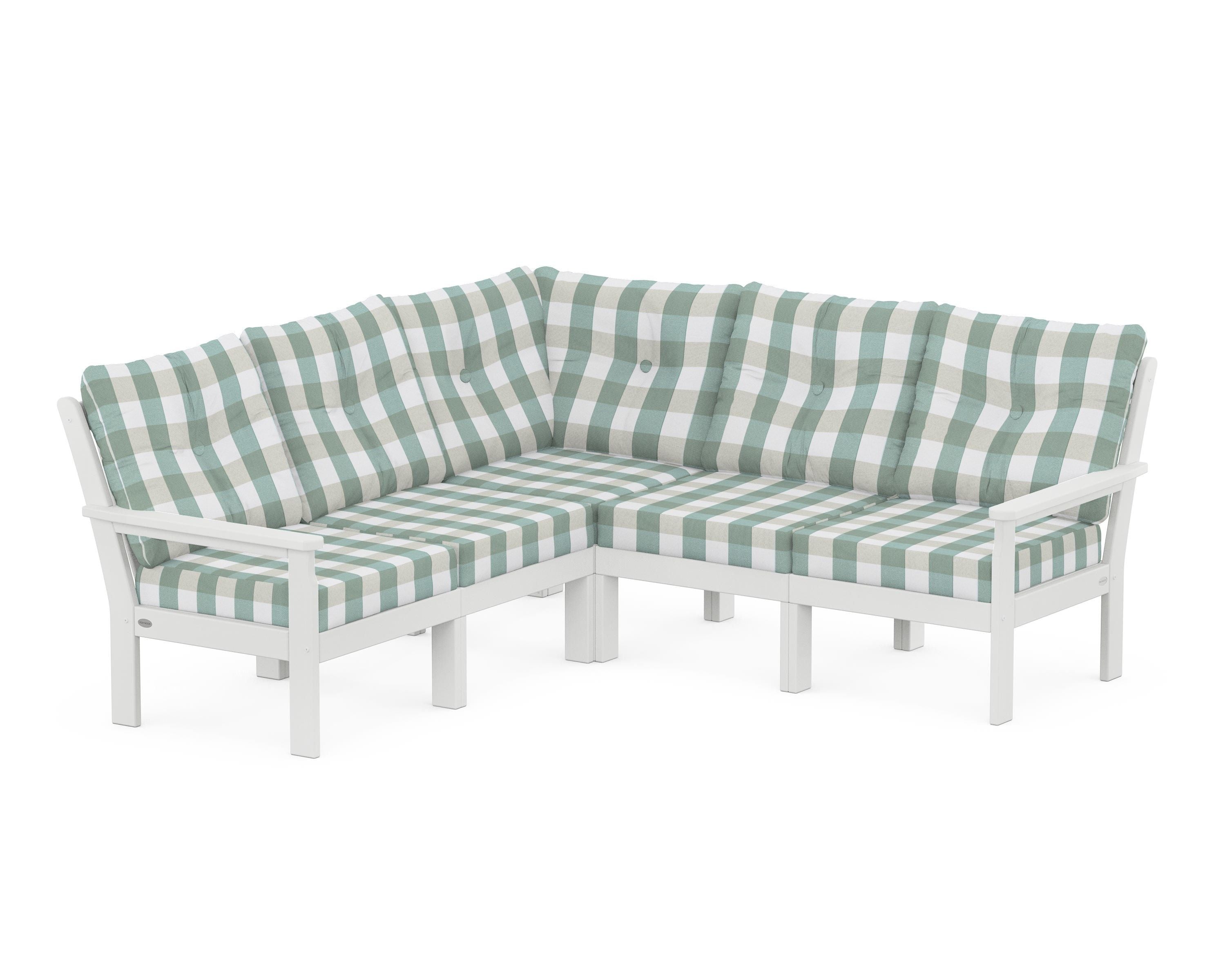 POLYWOOD® Vineyard 5-Piece Sectional in White / Buffalo Plaid Glacier Spa