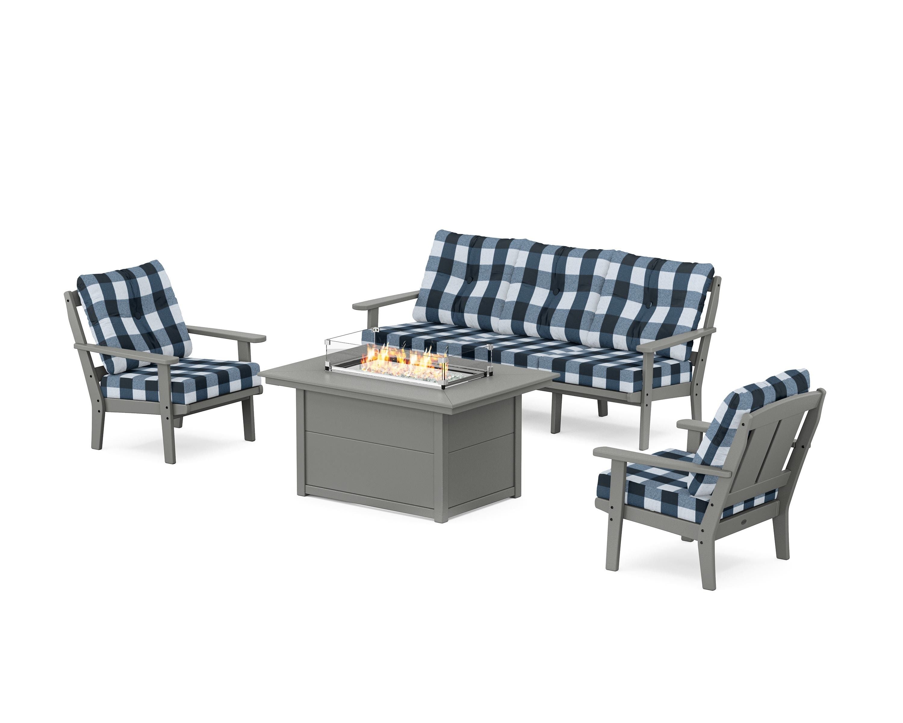 POLYWOOD® Mission Deep Seating Fire Pit Table Set in Slate Grey / Buffalo Plaid Marine Indigo