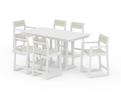 POLYWOOD® EDGE Sling 7-Piece Farmhouse Counter Set with Trestle Legs in White / Parchment Sling
