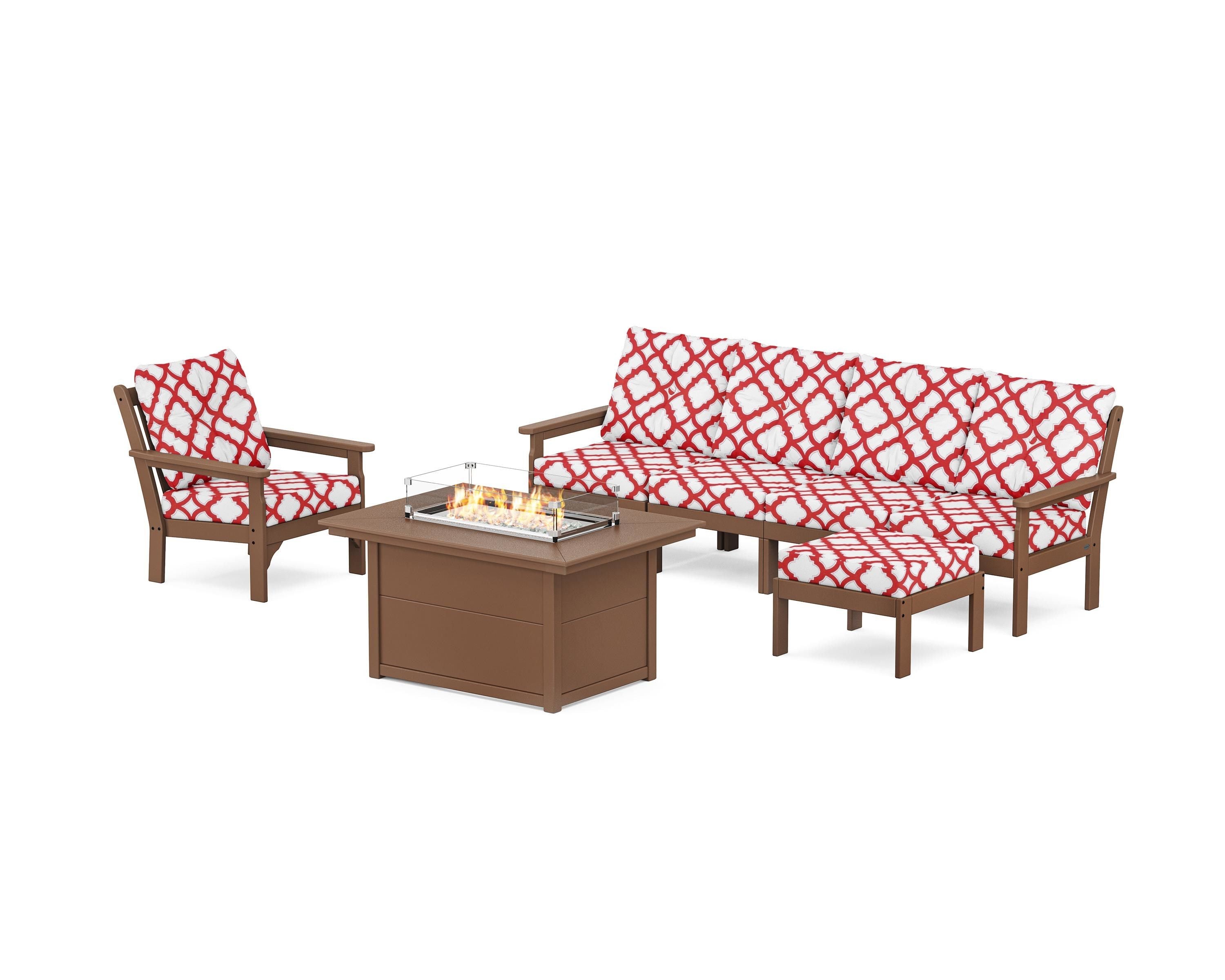 POLYWOOD® Vineyard Sectional Lounge and Fire Pit Set in Teak / Trellis Crimson