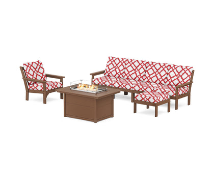 POLYWOOD® Vineyard Sectional Lounge and Fire Pit Set in Teak / Trellis Crimson