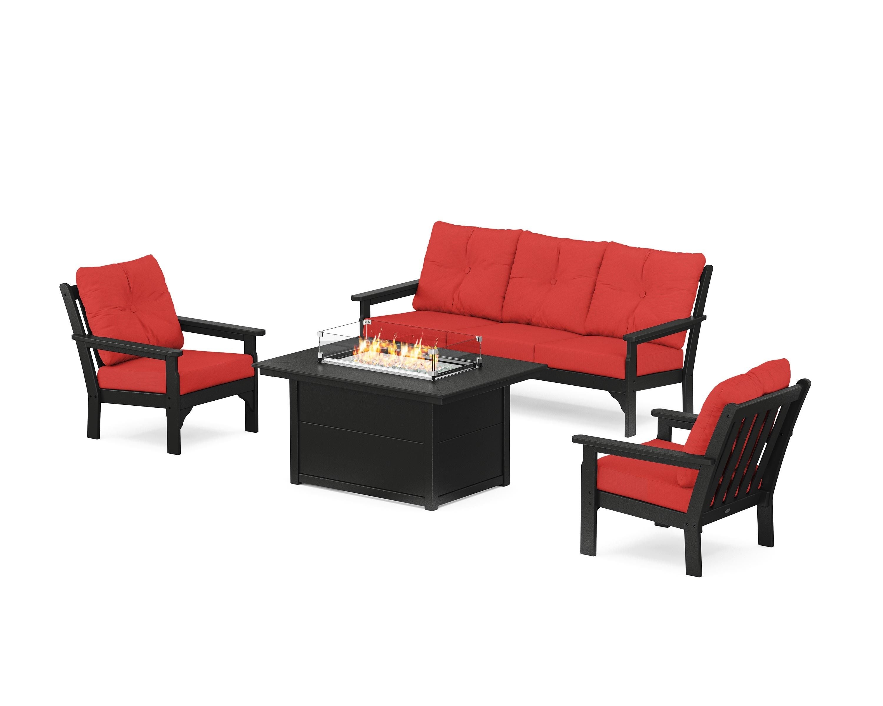 POLYWOOD® Vineyard Deep Seating Fire Pit Table Set in Black / Crimson Linen