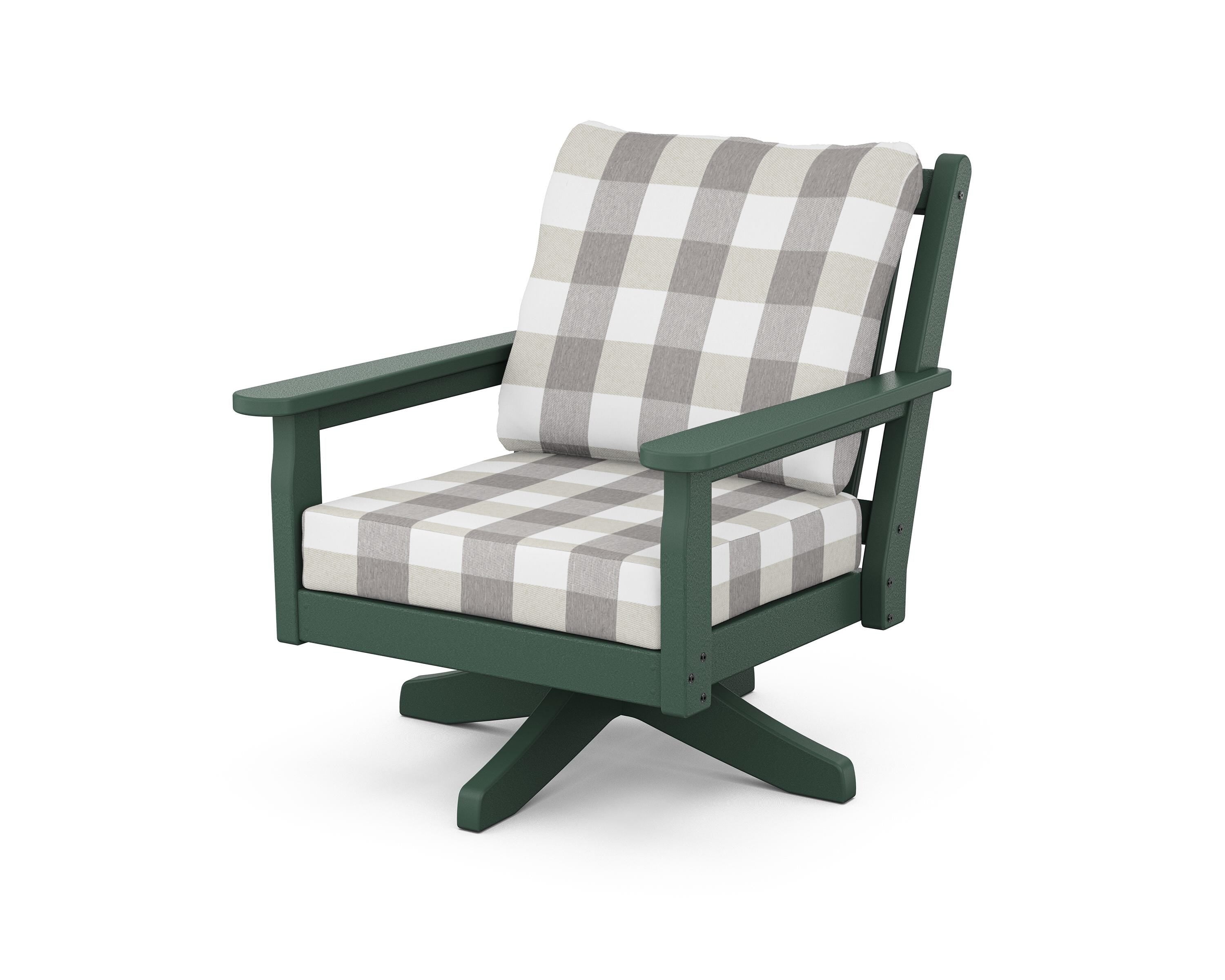 POLYWOOD® Chippendale Deep Seating Swivel Chair in Green / Buffalo Plaid Grey Mist