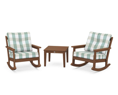 POLYWOOD® Vineyard 3-Piece Deep Seating Rocker Set in Teak / Buffalo Plaid Glacier Spa