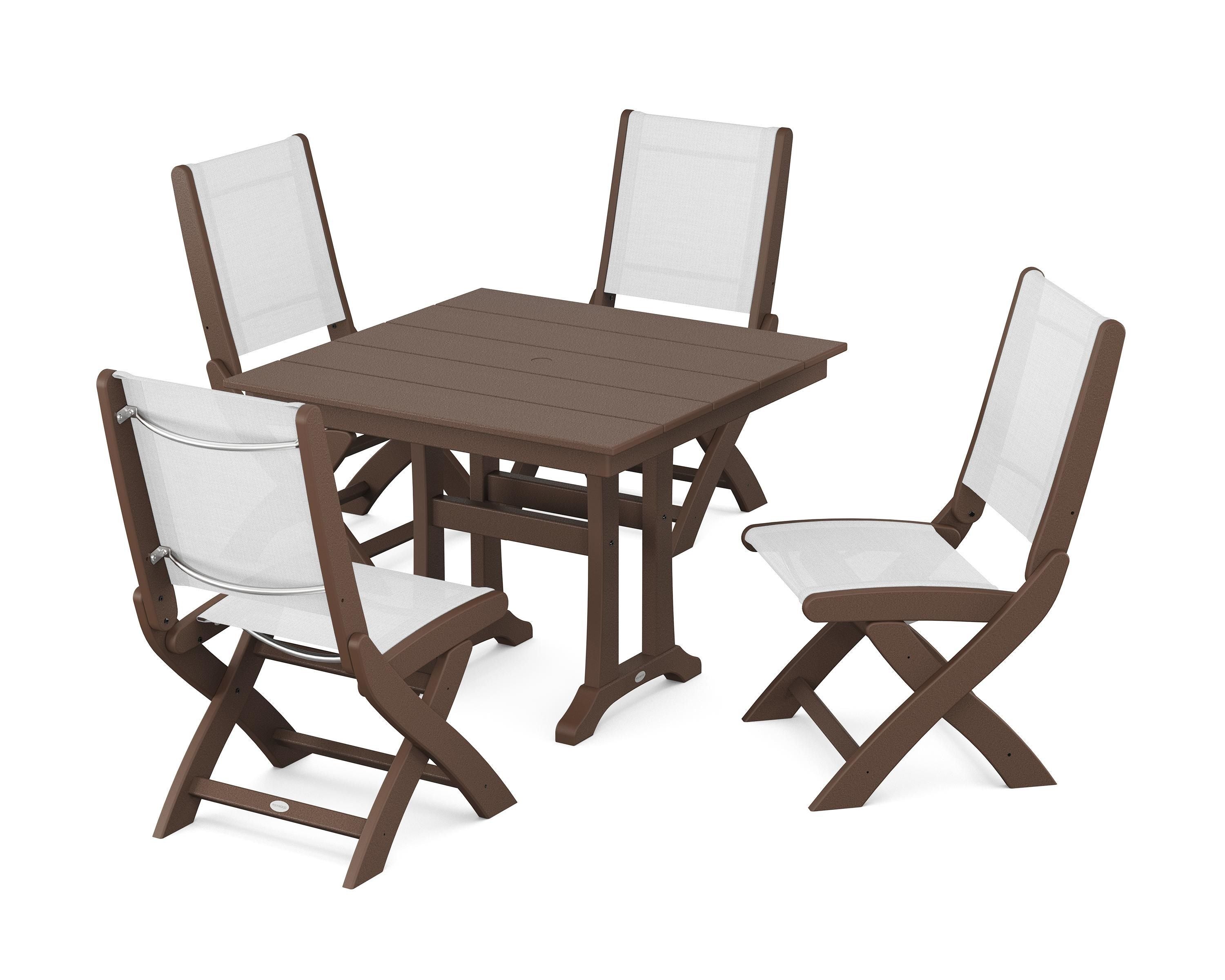 POLYWOOD® Coastal Folding Side Chair 5-Piece Farmhouse Dining Set With Trestle Legs in Mahogany / White Sling