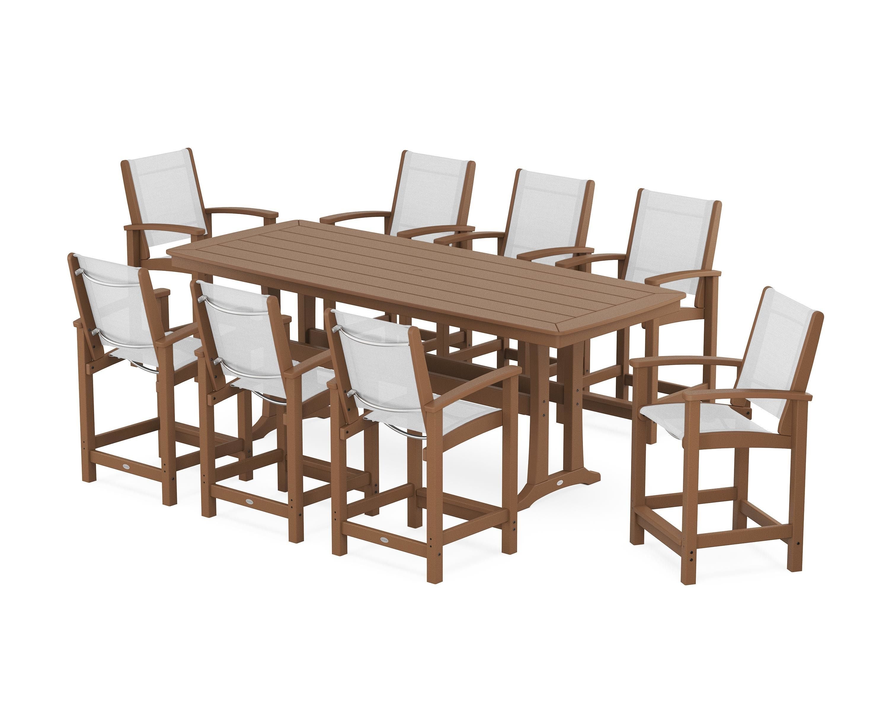POLYWOOD® Coastal 9-Piece Counter Set with Trestle Legs in Teak / White Sling