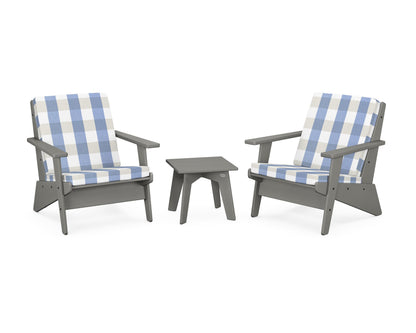 POLYWOOD® Riviera Modern Lounge 3-Piece Set in Slate Grey / Buffalo Plaid Sky Blue