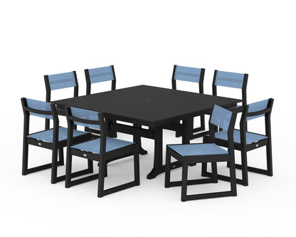 POLYWOOD® EDGE Sling Side Chair 9-Piece Farmhouse Trestle Dining Set in Black / Poolside Sling