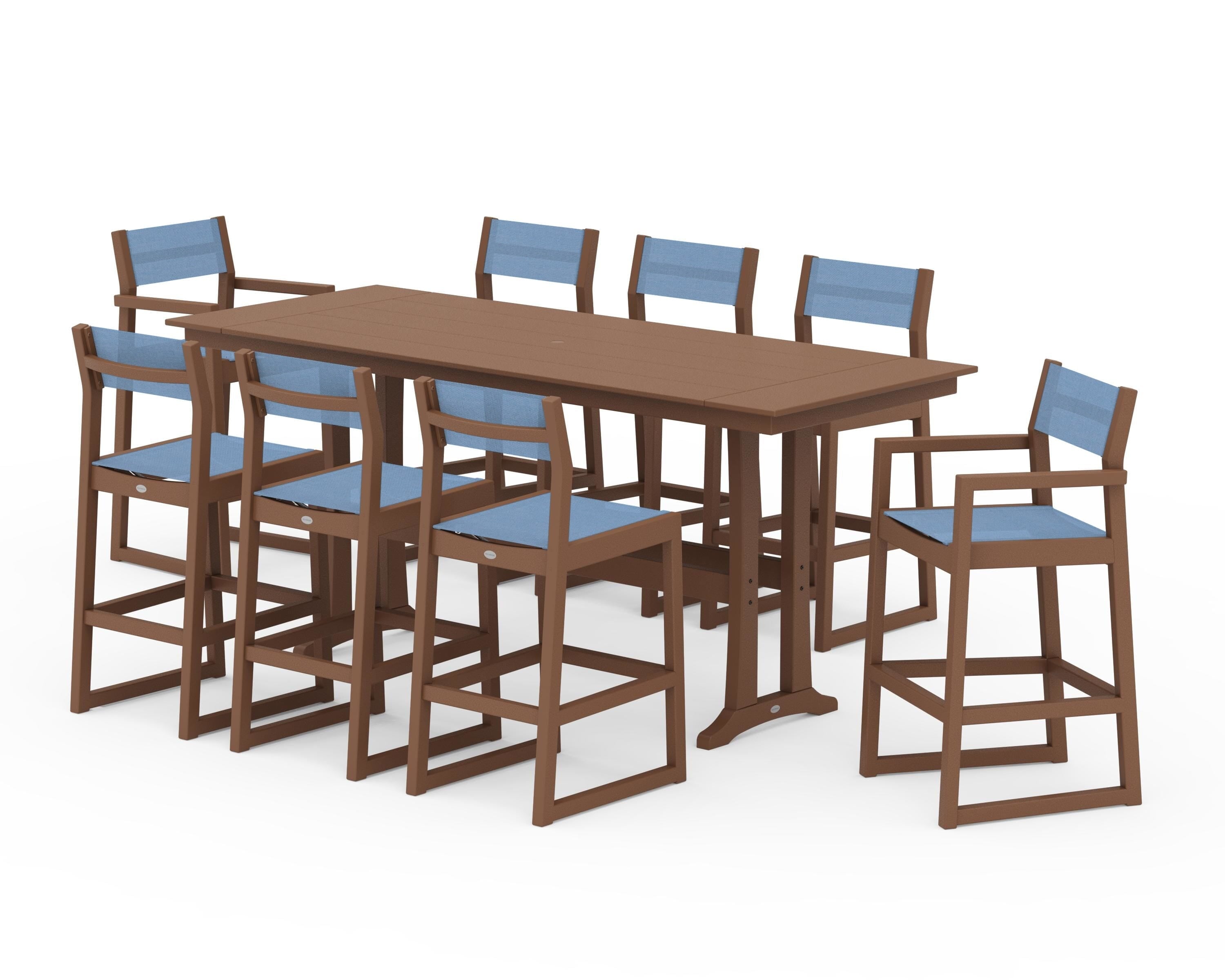POLYWOOD® EDGE Sling 9-Piece Farmhouse Bar Set with Trestle Legs in Teak / Poolside Sling