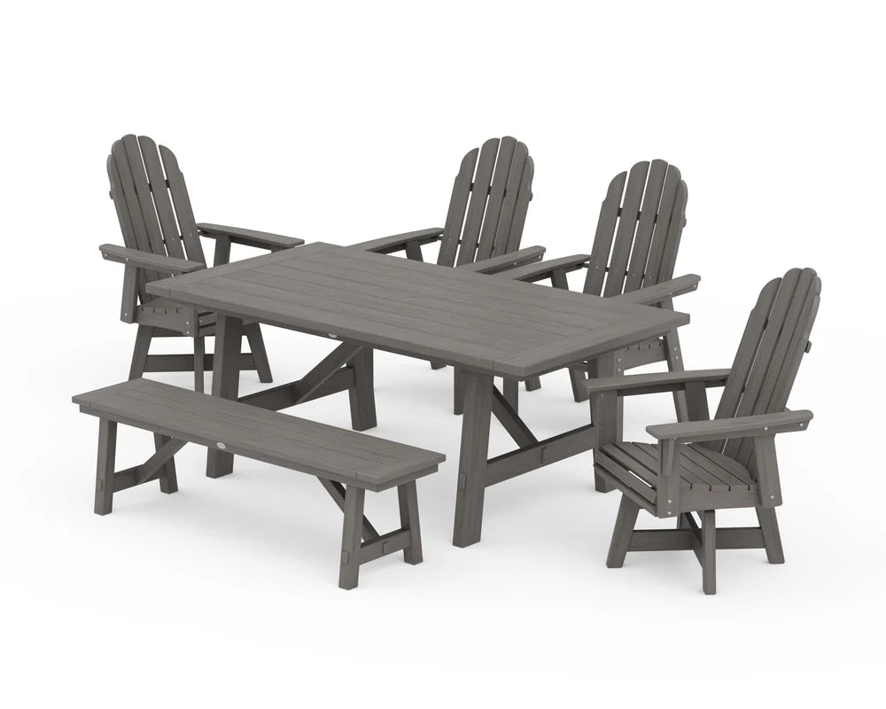 Vineyard Curveback Adirondack Swivel Chair 6-Piece Rustic Farmhouse Dining Set With Bench