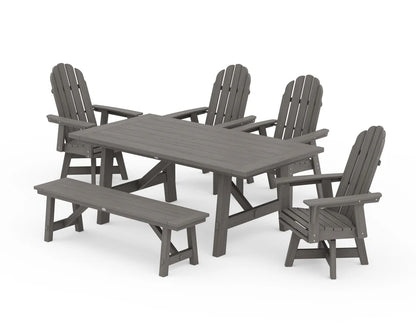 Vineyard Curveback Adirondack Swivel Chair 6-Piece Rustic Farmhouse Dining Set With Bench