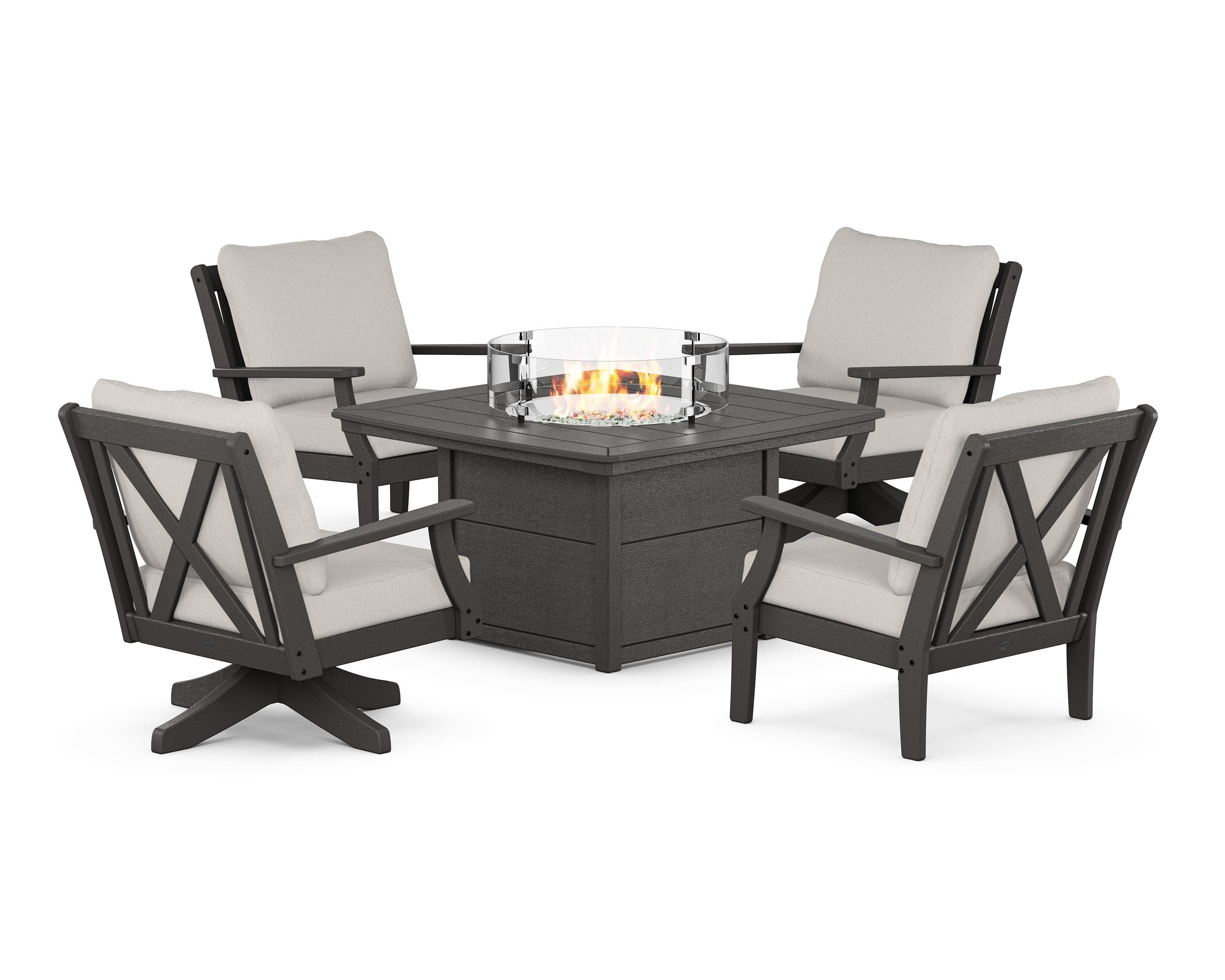 POLYWOOD® Braxton 5-Piece Deep Seating Set with Fire Table in Vintage Coffee / Cast Ash