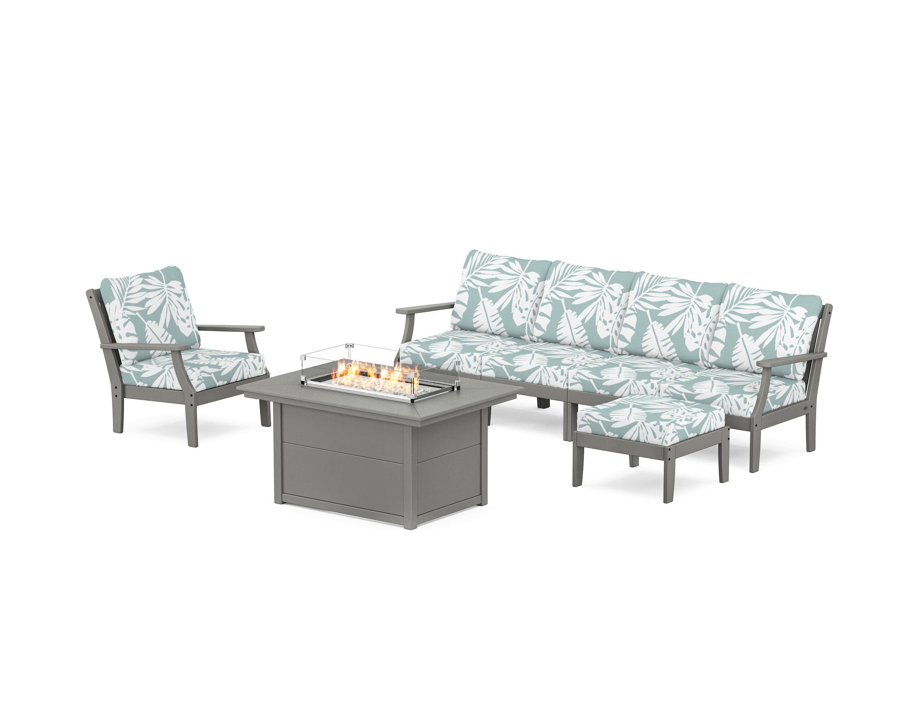 POLYWOOD® Braxton Sectional Lounge and Fire Pit Set in Slate Grey / Leaf Glacier Spa