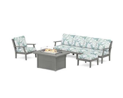 POLYWOOD® Braxton Sectional Lounge and Fire Pit Set in Slate Grey / Leaf Glacier Spa