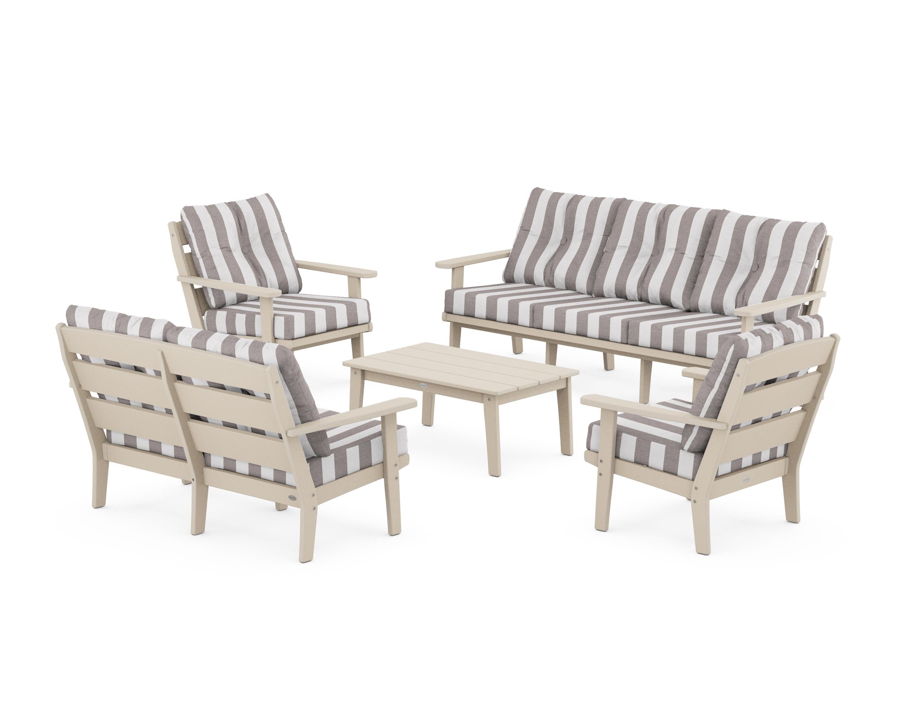 POLYWOOD® Lakeside 5-Piece Lounge Sofa Set in Sand / Cabana Stripe Grey Mist