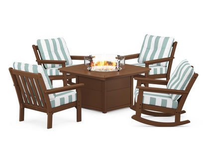 POLYWOOD® Vineyard 5-Piece Deep Seating Rocking Chair Conversation Set with Fire Pit Table in Teak / Cabana Stripe Glacier Spa