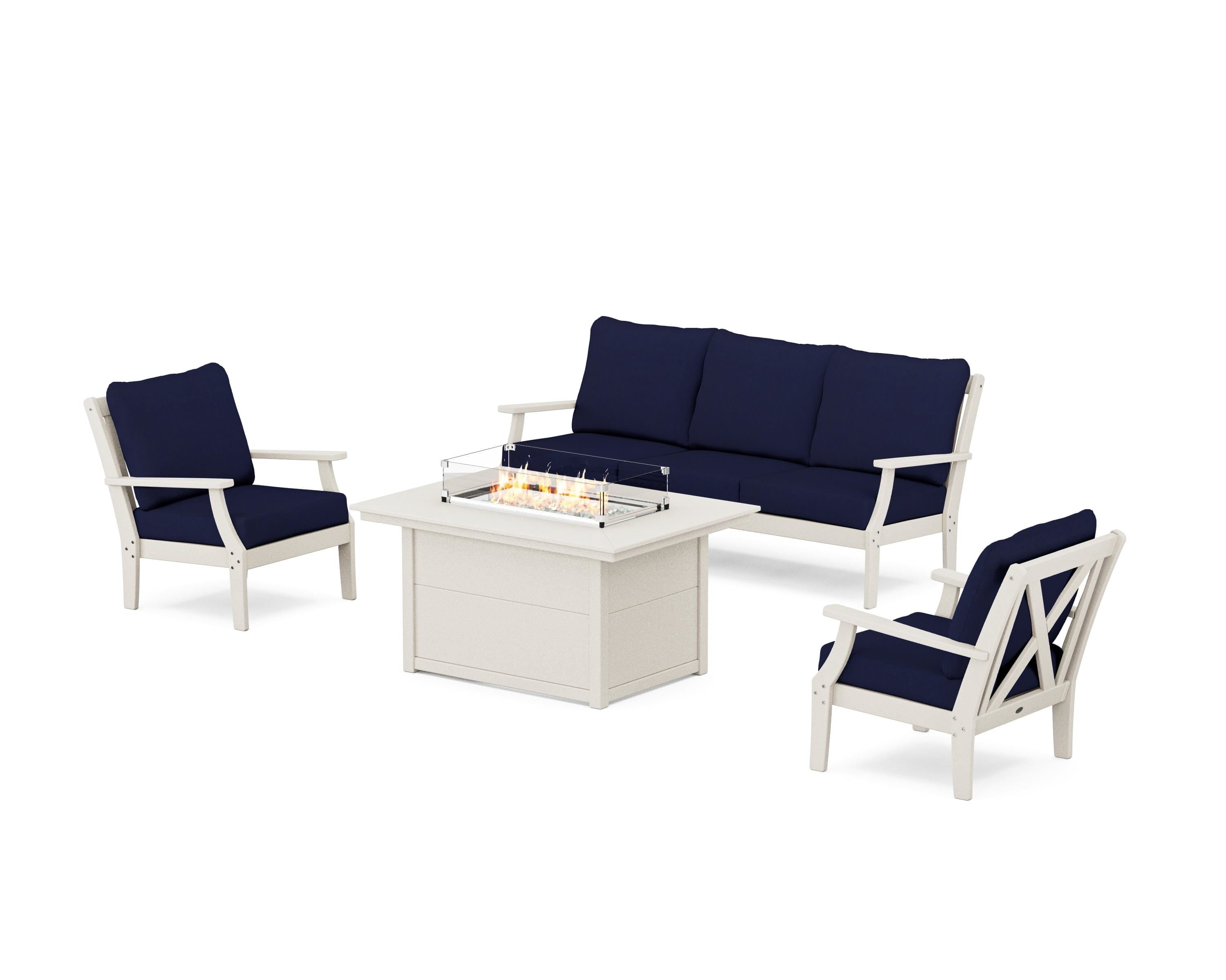 POLYWOOD® Braxton Deep Seating Fire Pit Table Set in Sand / Navy