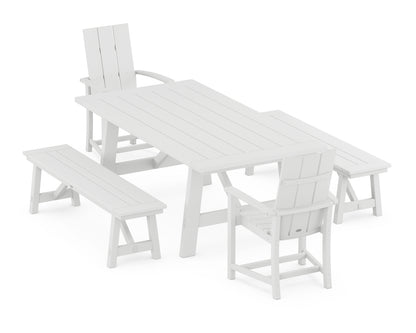 POLYWOOD® Modern Adirondack 5-Piece Rustic Farmhouse Dining Set With Benches in White