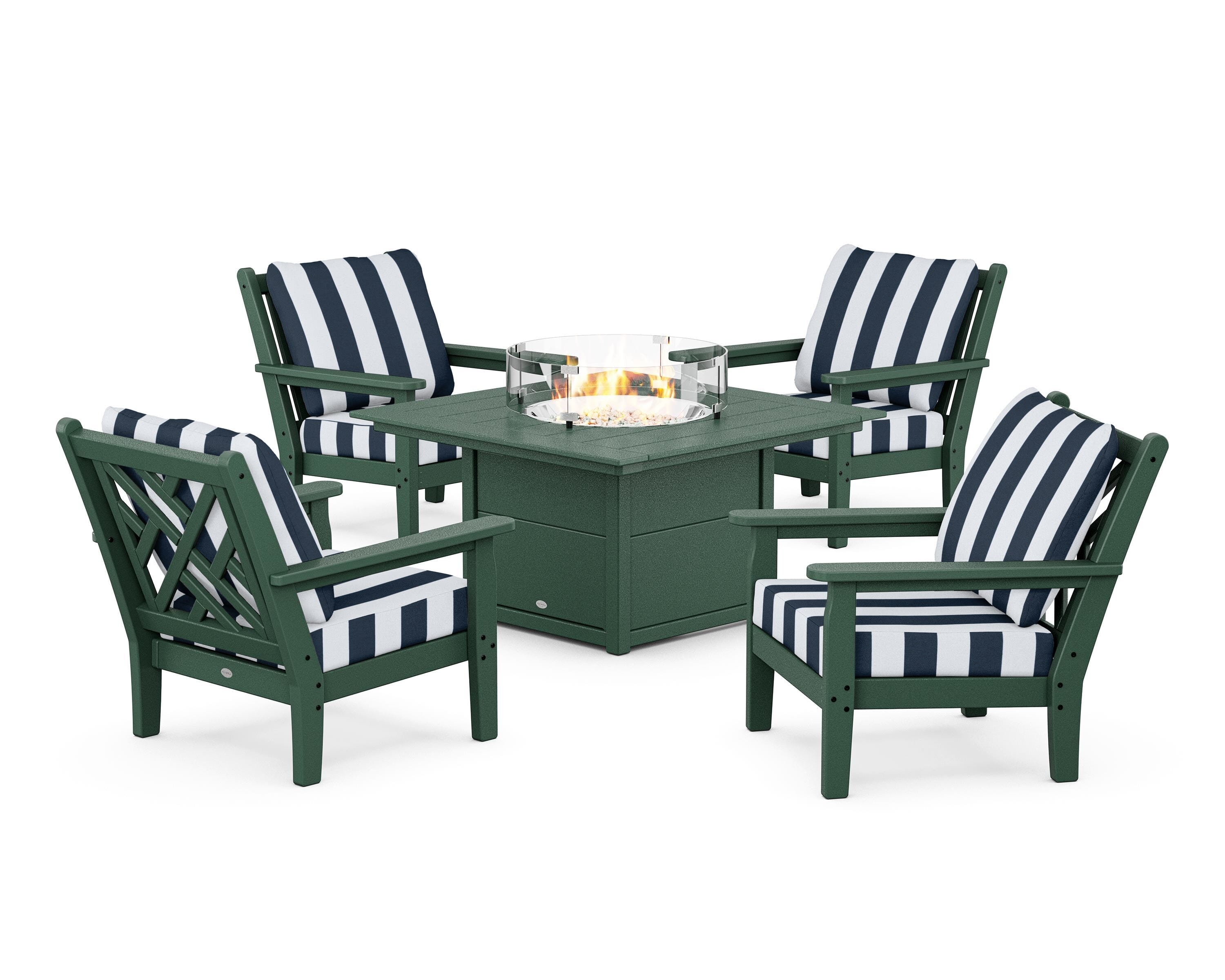 POLYWOOD® Chippendale 5-Piece Deep Seating Set with Fire Pit Table in Green / Cabana Stripe Marine Indigo