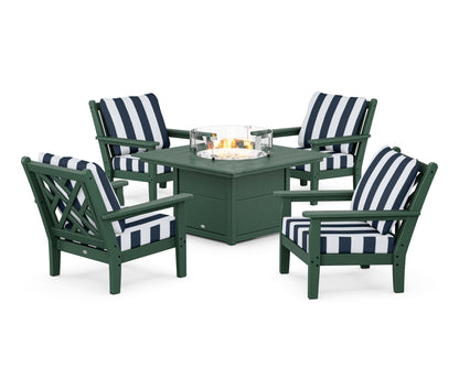 POLYWOOD® Chippendale 5-Piece Deep Seating Set with Fire Pit Table in Green / Cabana Stripe Marine Indigo