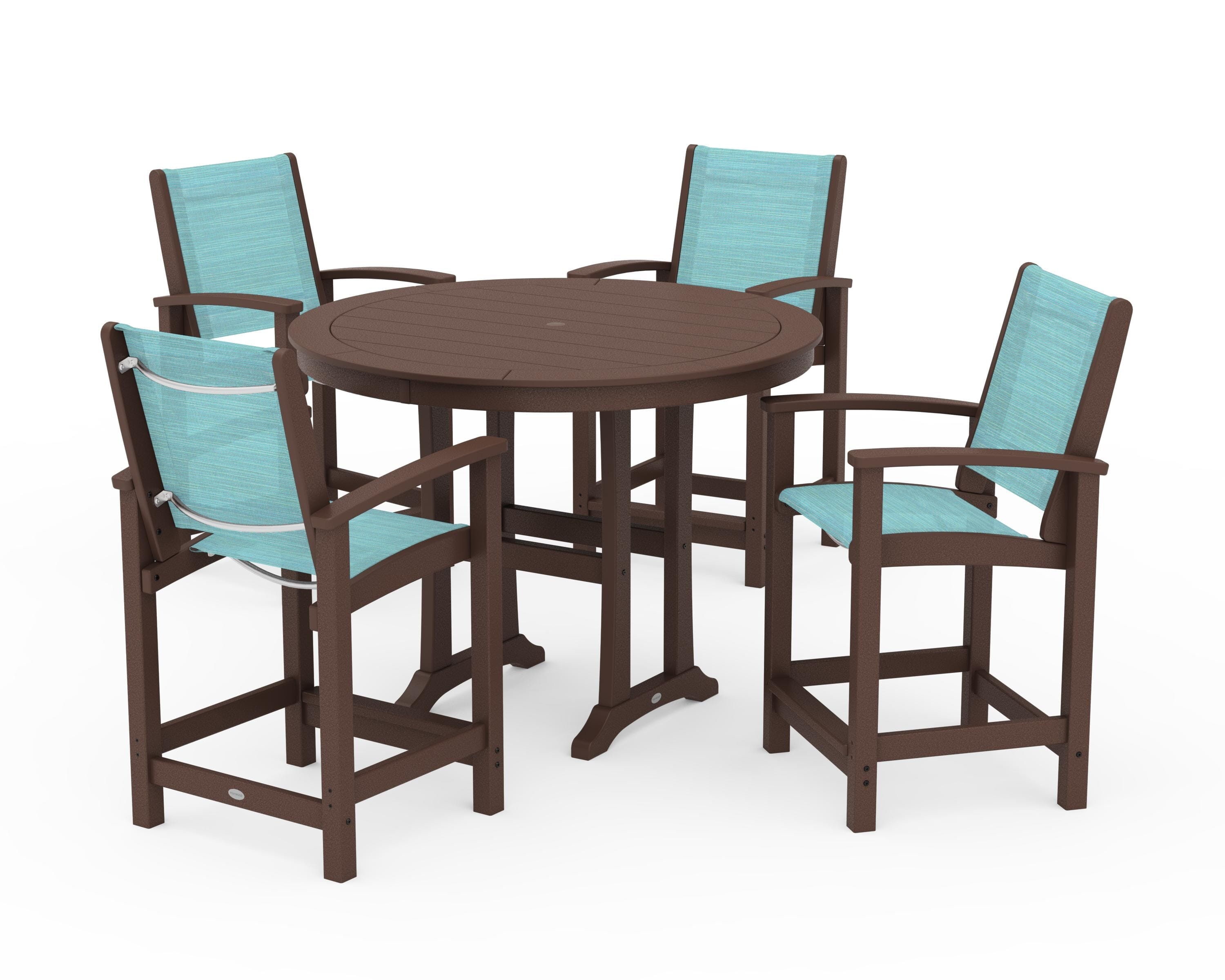 POLYWOOD® Coastal 5-Piece Counter Set in Mahogany / Dupioni Aquamarine Sling