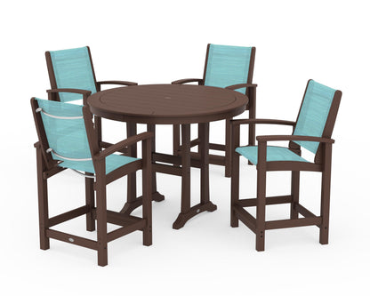 POLYWOOD® Coastal 5-Piece Counter Set in Mahogany / Dupioni Aquamarine Sling