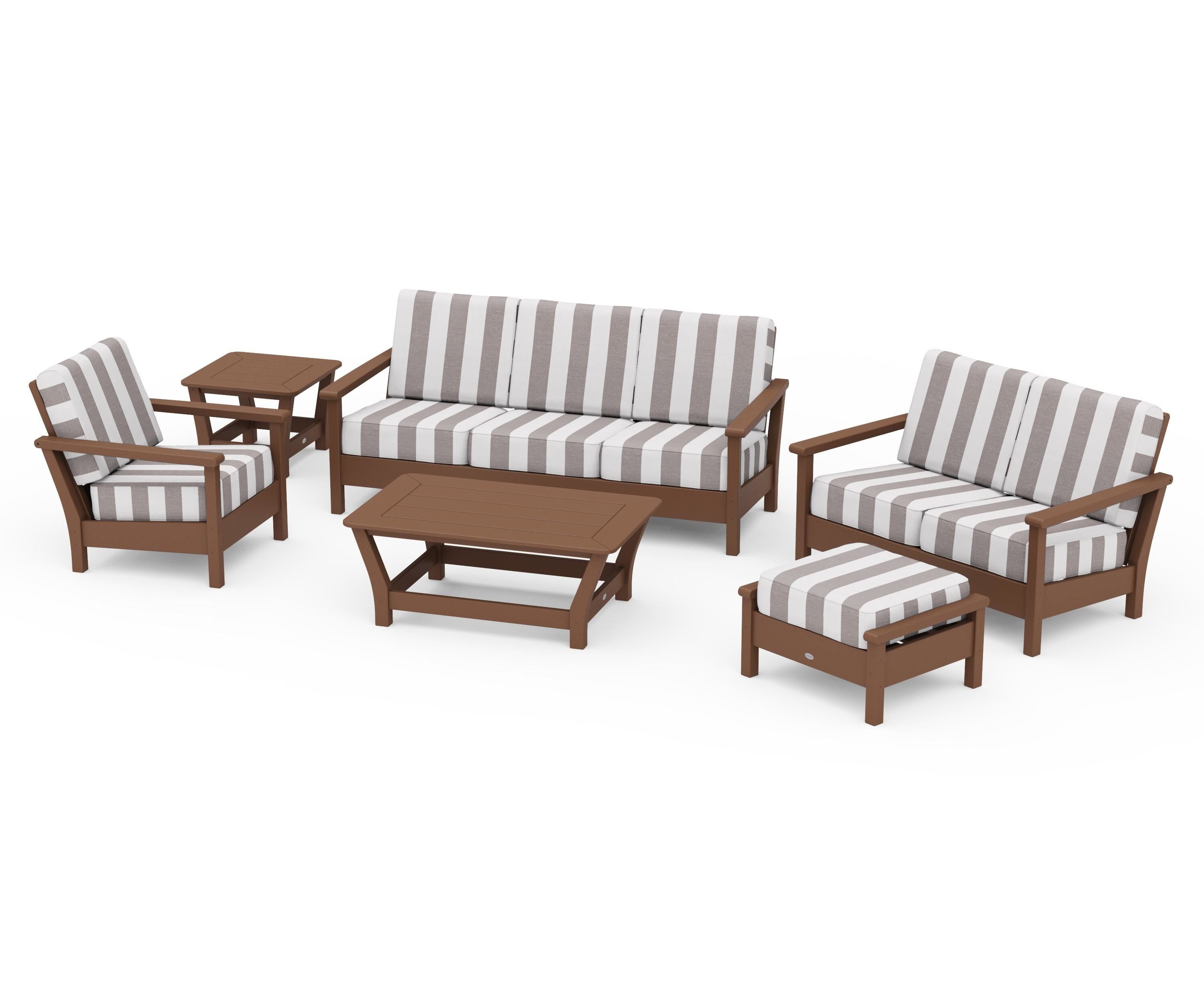 POLYWOOD® Harbour 6-Piece Outdoor Living Set in Teak / Cabana Stripe Grey Mist
