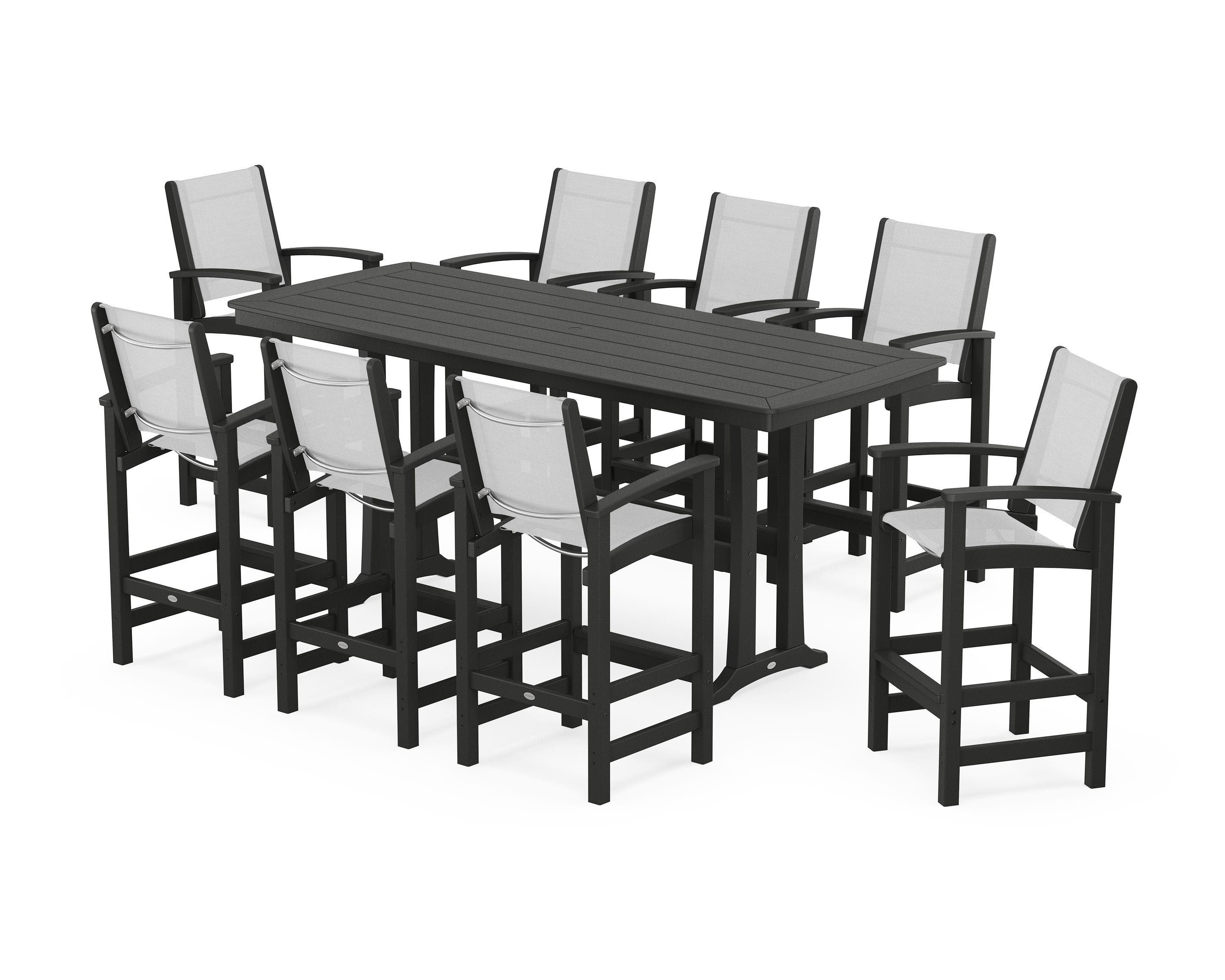 POLYWOOD® Coastal 9-Piece Bar Set with Trestle Legs in Black / White Sling