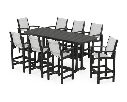 POLYWOOD® Coastal 9-Piece Bar Set with Trestle Legs in Black / White Sling