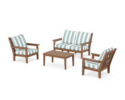 POLYWOOD® Chippendale 4-Piece Deep Seating Set with Loveseat in Teak / Cabana Stripe Glacier Spa