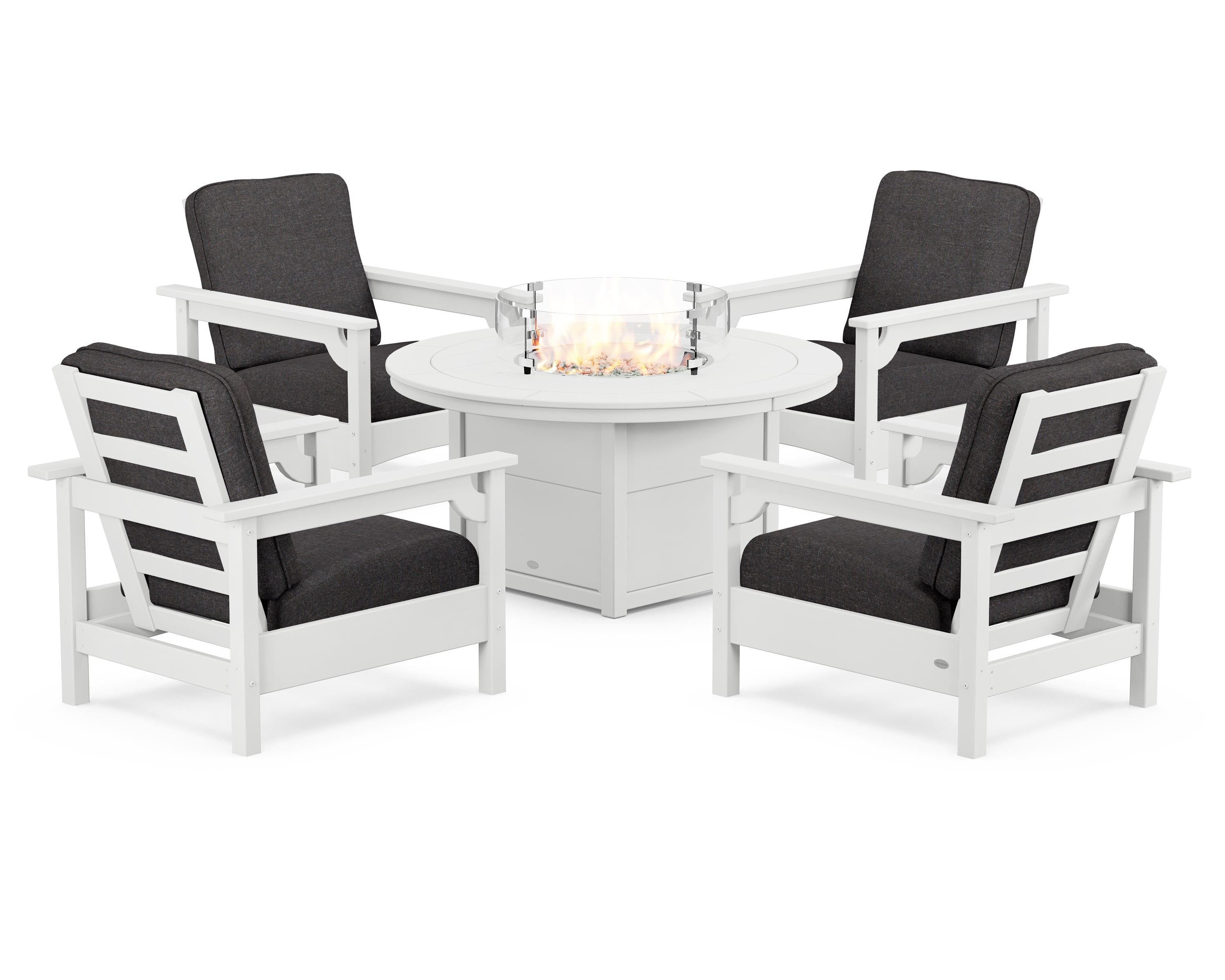 POLYWOOD® Club 5-Piece Conversation Set with Fire Pit Table in White / Ash Charcoal