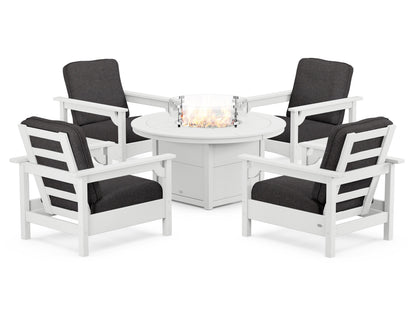 POLYWOOD® Club 5-Piece Conversation Set with Fire Pit Table in White / Ash Charcoal