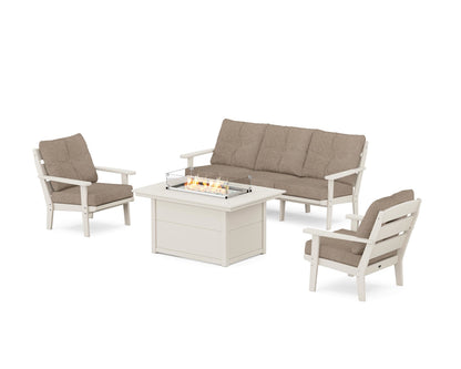 POLYWOOD® Lakeside Deep Seating Fire Pit Table Set in Sand / Spiced Burlap