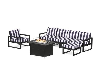 POLYWOOD® EDGE Sectional Lounge and Fire Pit Set in Black / Cabana Stripe Navy