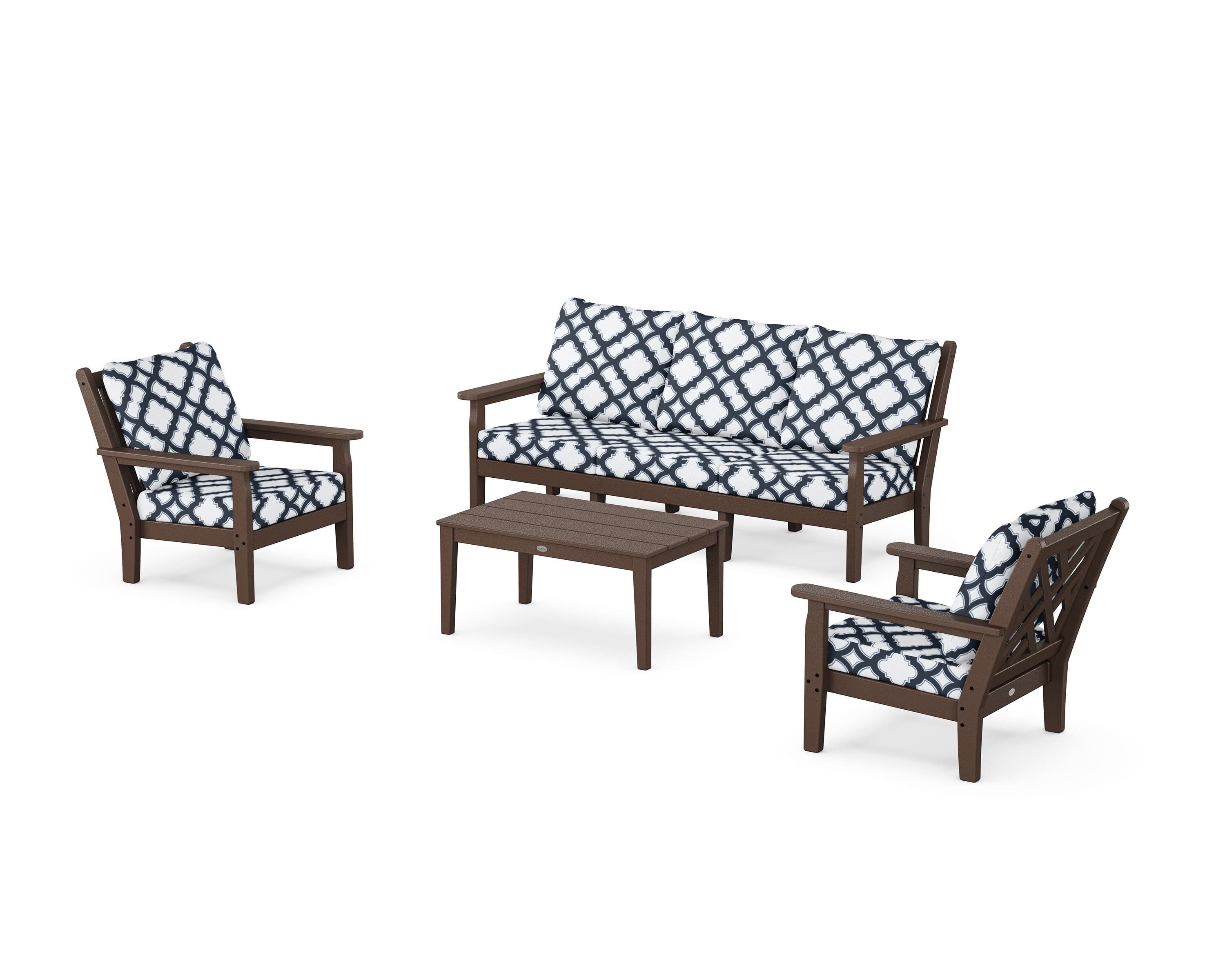 POLYWOOD® Chippendale 4-Piece Deep Seating Set with Sofa in Mahogany / Trellis Marine Indigo
