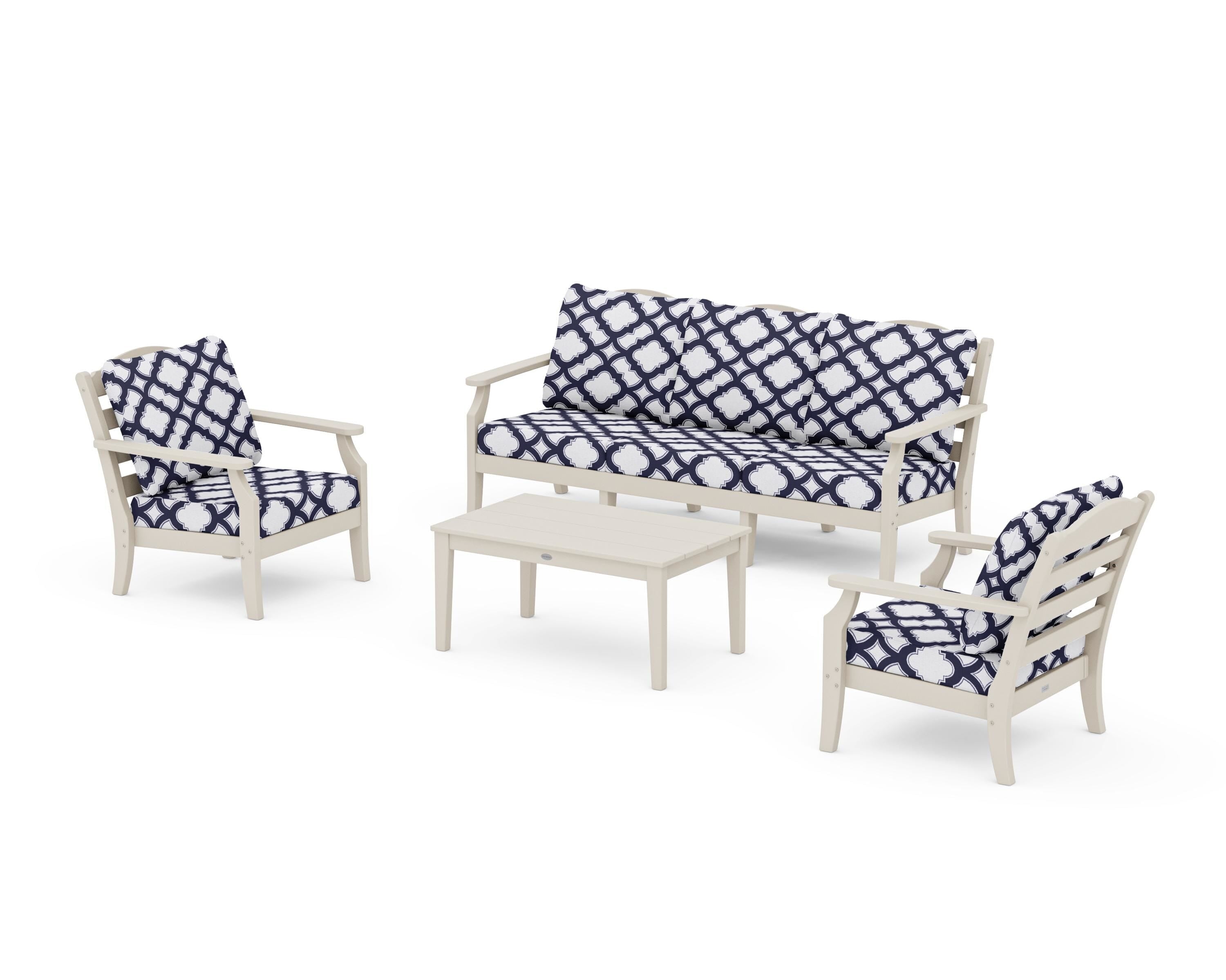 Draper James™ by  POLYWOOD® Savannah 4-Piece Deep Seating Set with Sofa in Sand / Trellis Navy
