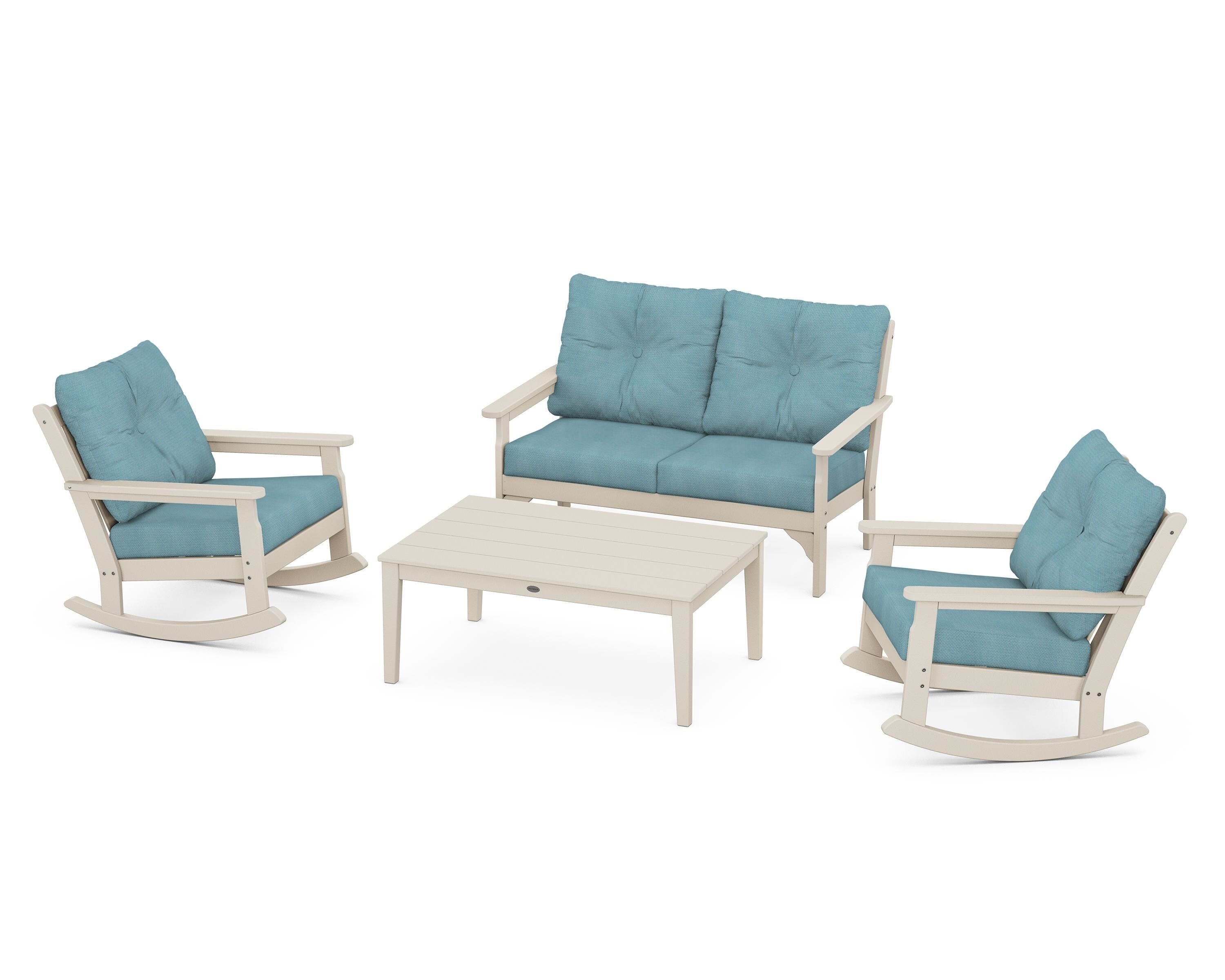 POLYWOOD® Vineyard 4-Piece Deep Seating Rocking Chair Set in Sand / Lattice Sky Blue